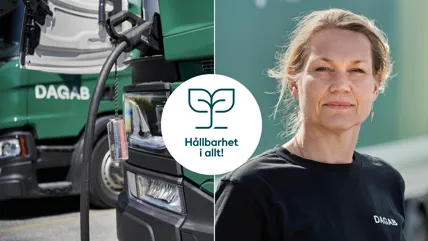Dagabs transportchef Helena Blom står bredvid en elektrifierad lastbil som ingår i Dagabs fordonsflotta